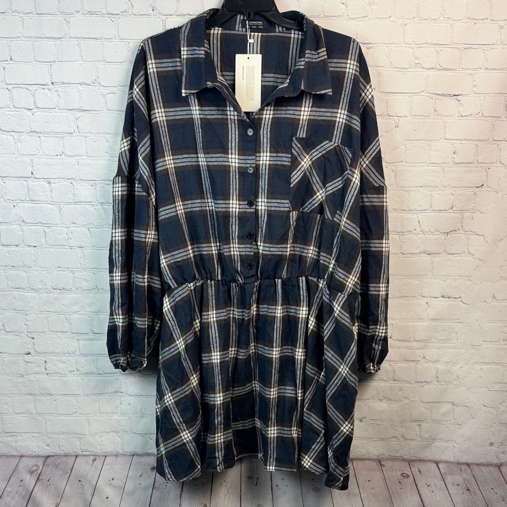 BloomChic Navy Plaid Flannel Long Sleeve Tunic Top Plus Size 6X (30) - Picture 2 of 7